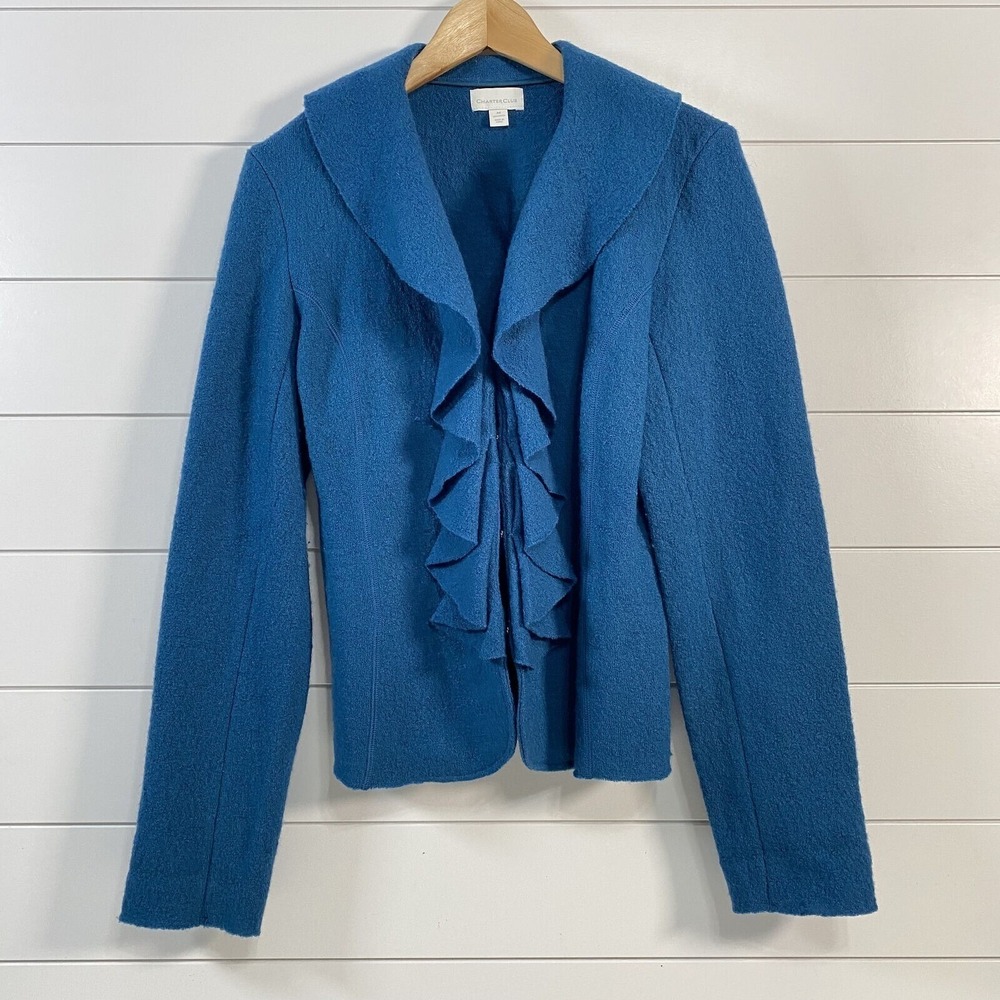 Charter Club Womens 100% Boiled Wool Ruffle Sweater Cardigan sz M Teal Cozy